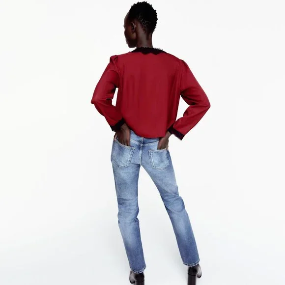Zara burgundy & black lace-like accent blouse top - Picture 4 of 12